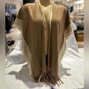 Roffe Beige, Tan, & Brown Block Knit Poncho With Fringes